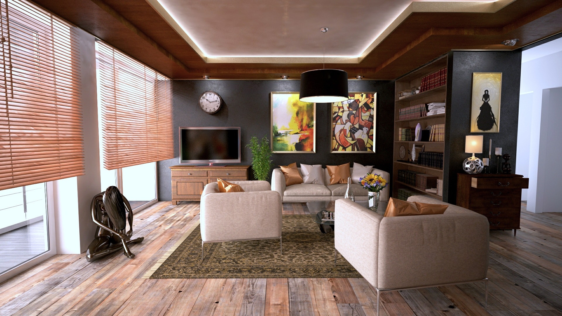 A 3d rendering of a living room.